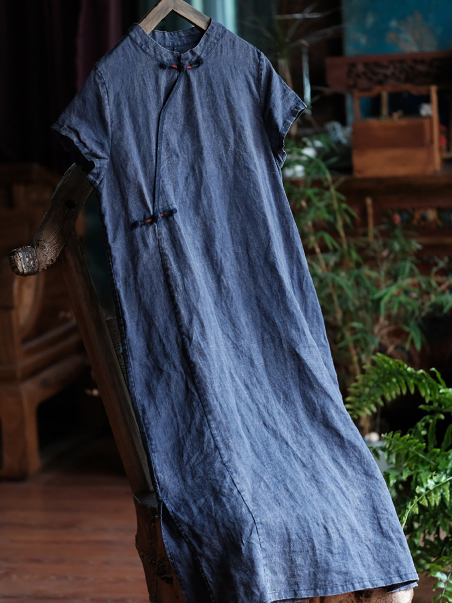 Women Summer Ethnic Pure Color Linen Cheongsam Dress