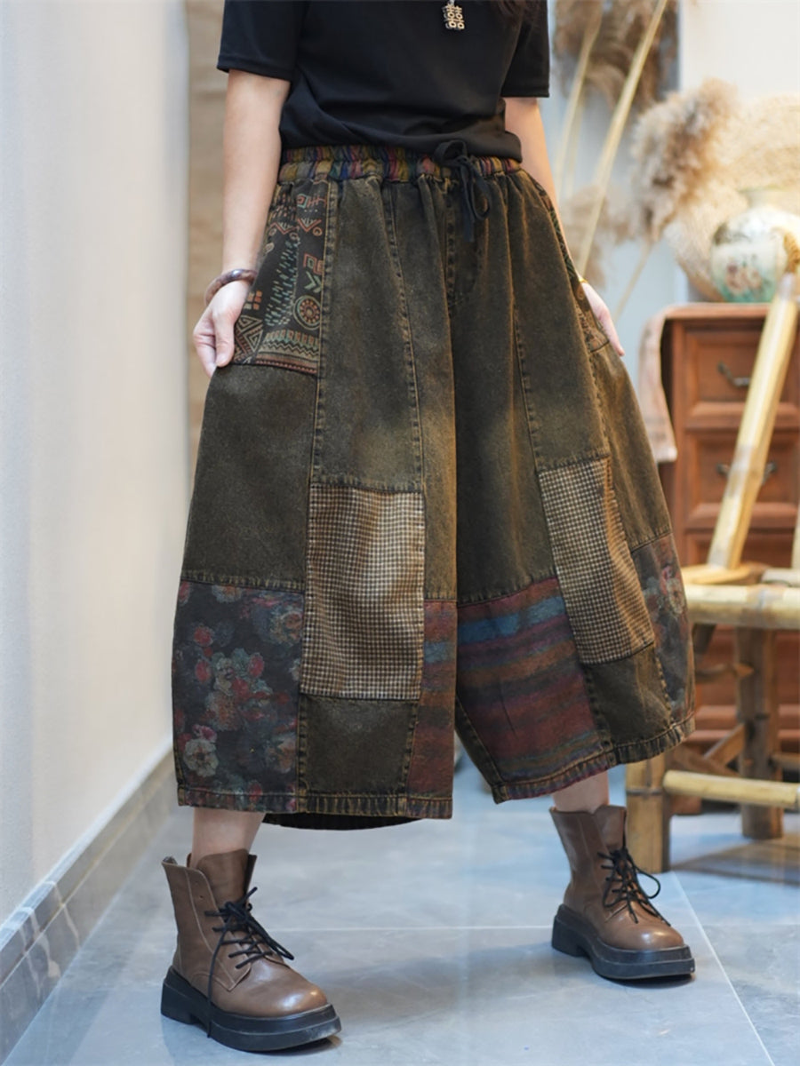 Women Summer Patchwork Denim Wide-leg Pants