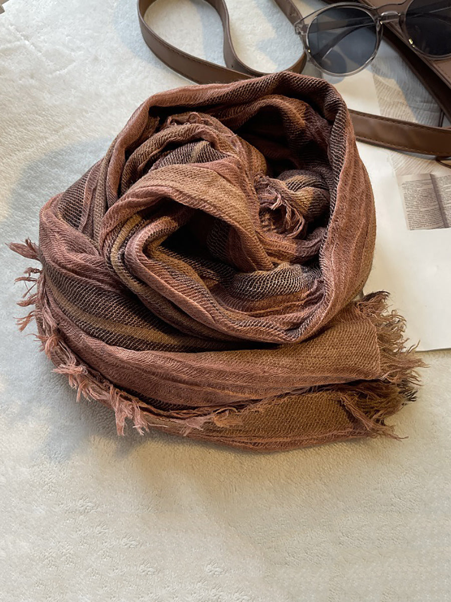 Women Retro Colorblock Stripe Raw-edge Shawl Scarf