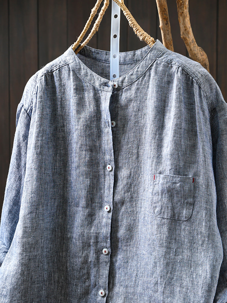Plus Size Women Summer Pure Color Stand Collar 100%Linen Shirt