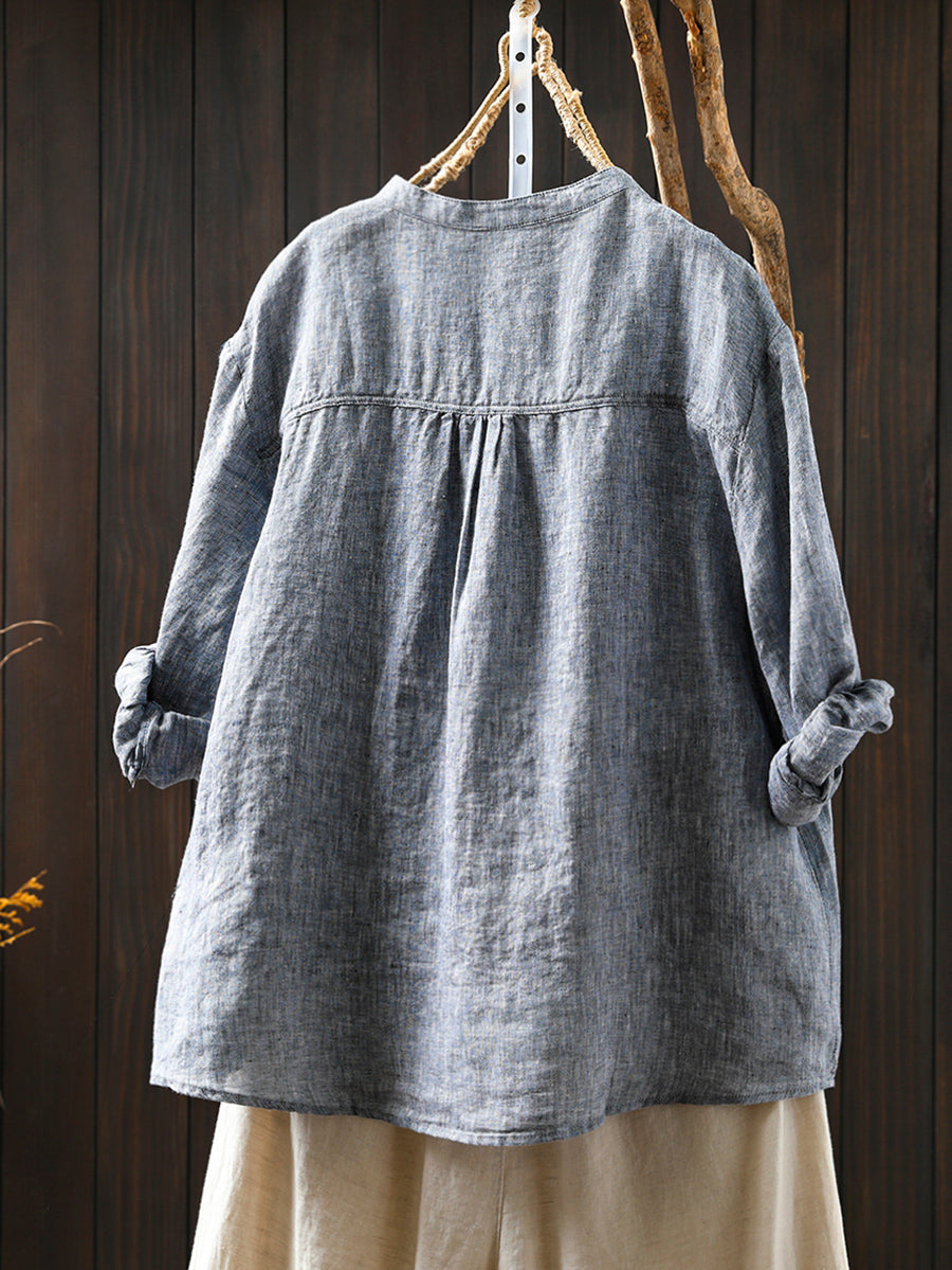 Plus Size Women Summer Pure Color Stand Collar 100%Linen Shirt