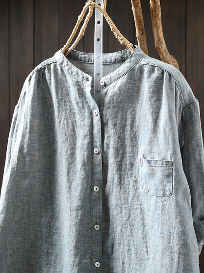Plus Size Women Summer Pure Color Stand Collar 100%Linen Shirt