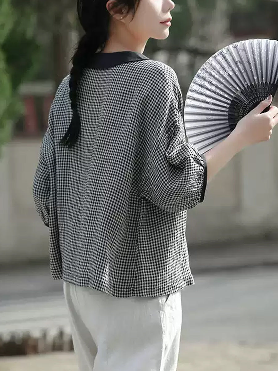 Plus Size Women Spring Turn-down Collar Plaid Linen Shirt