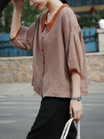 Plus Size Women Spring Turn-down Collar Plaid Linen Shirt