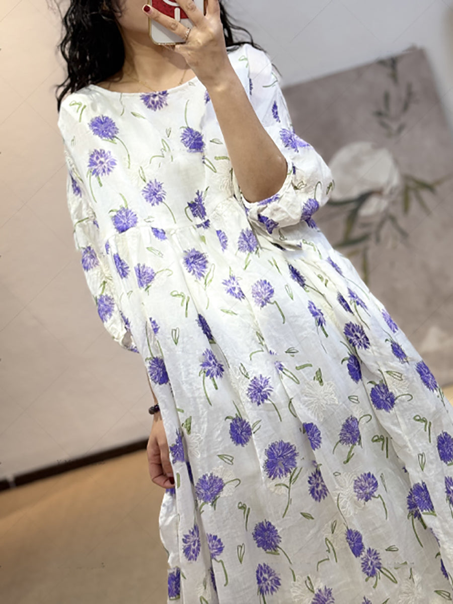 Plus Size Women Summer Artsy Flower O-Neck 100%Ramie Dress