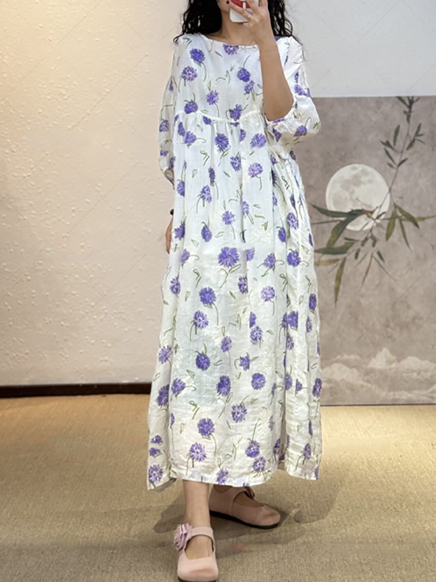 Plus Size Women Summer Artsy Flower O-Neck 100%Ramie Dress