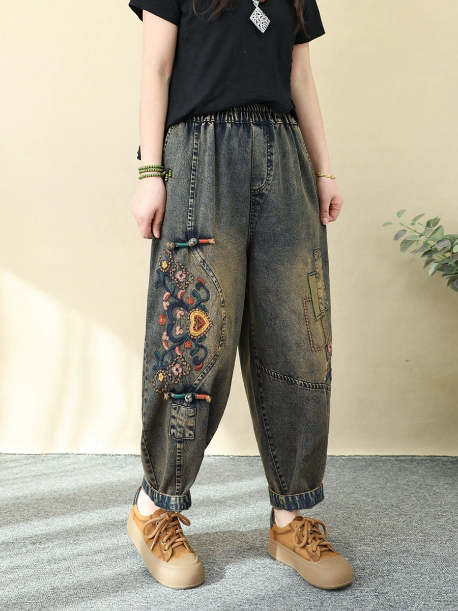 Women Ethnic Flower Embroidery Denim Harem Pants