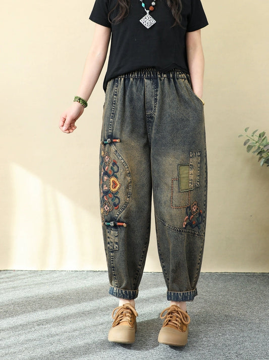 Women Ethnic Flower Embroidery Denim Harem Pants