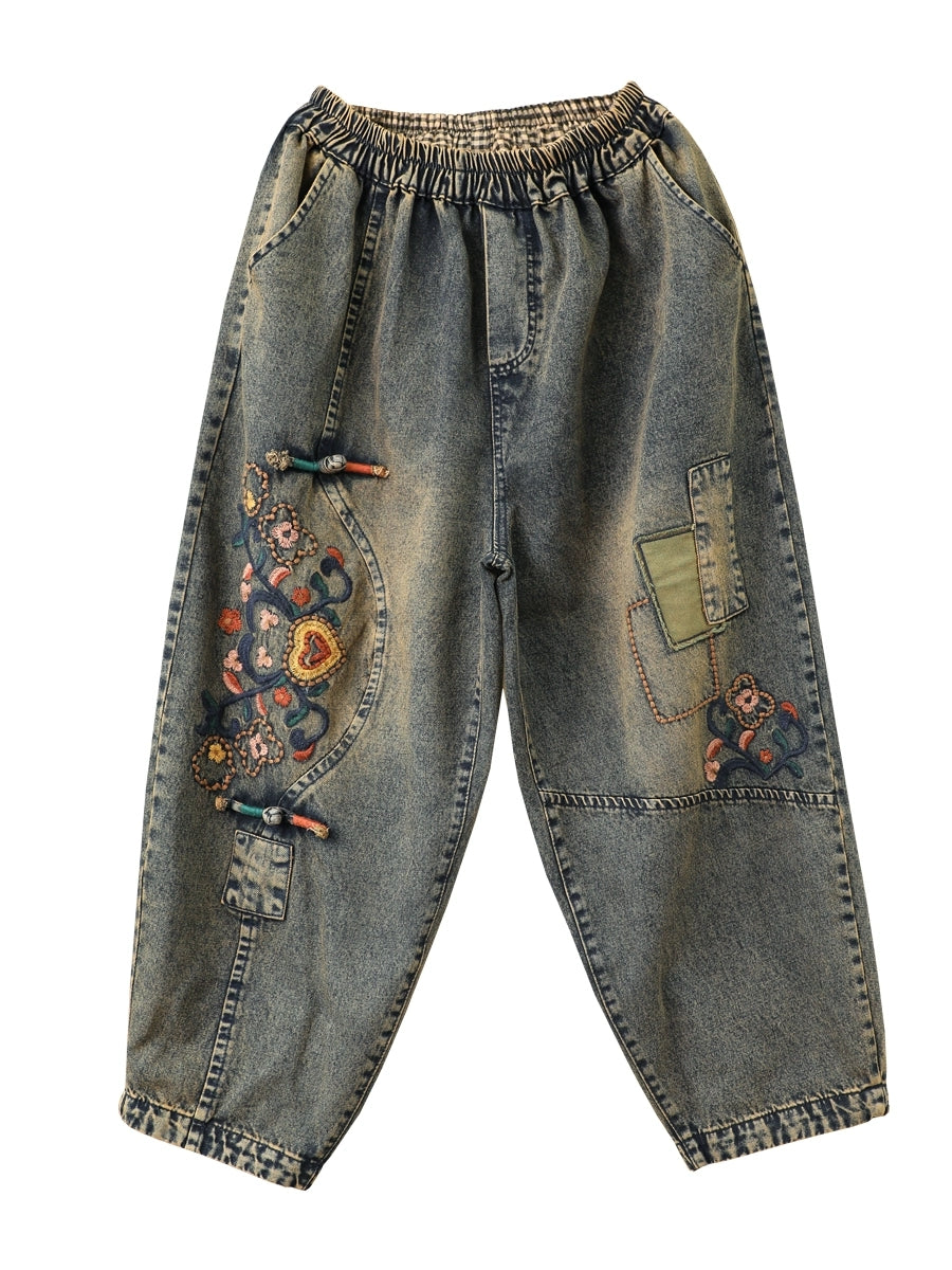 Women Ethnic Flower Embroidery Denim Harem Pants