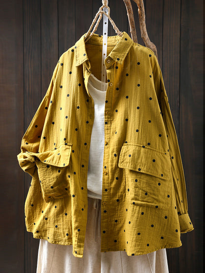 Plus Size Women Summer Dot Turn-down Collar 100%Cotton Shirt