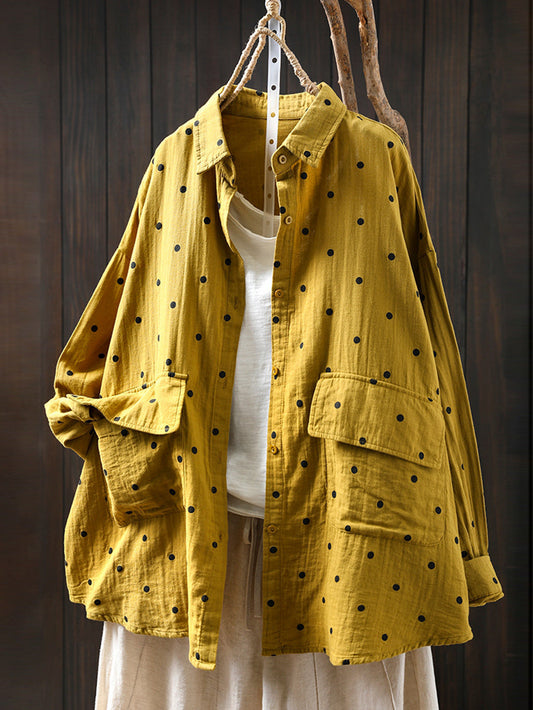 Plus Size Women Summer Dot Turn-down Collar 100%Cotton Shirt