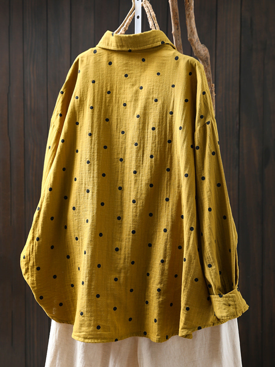 Plus Size Women Summer Dot Turn-down Collar 100%Cotton Shirt