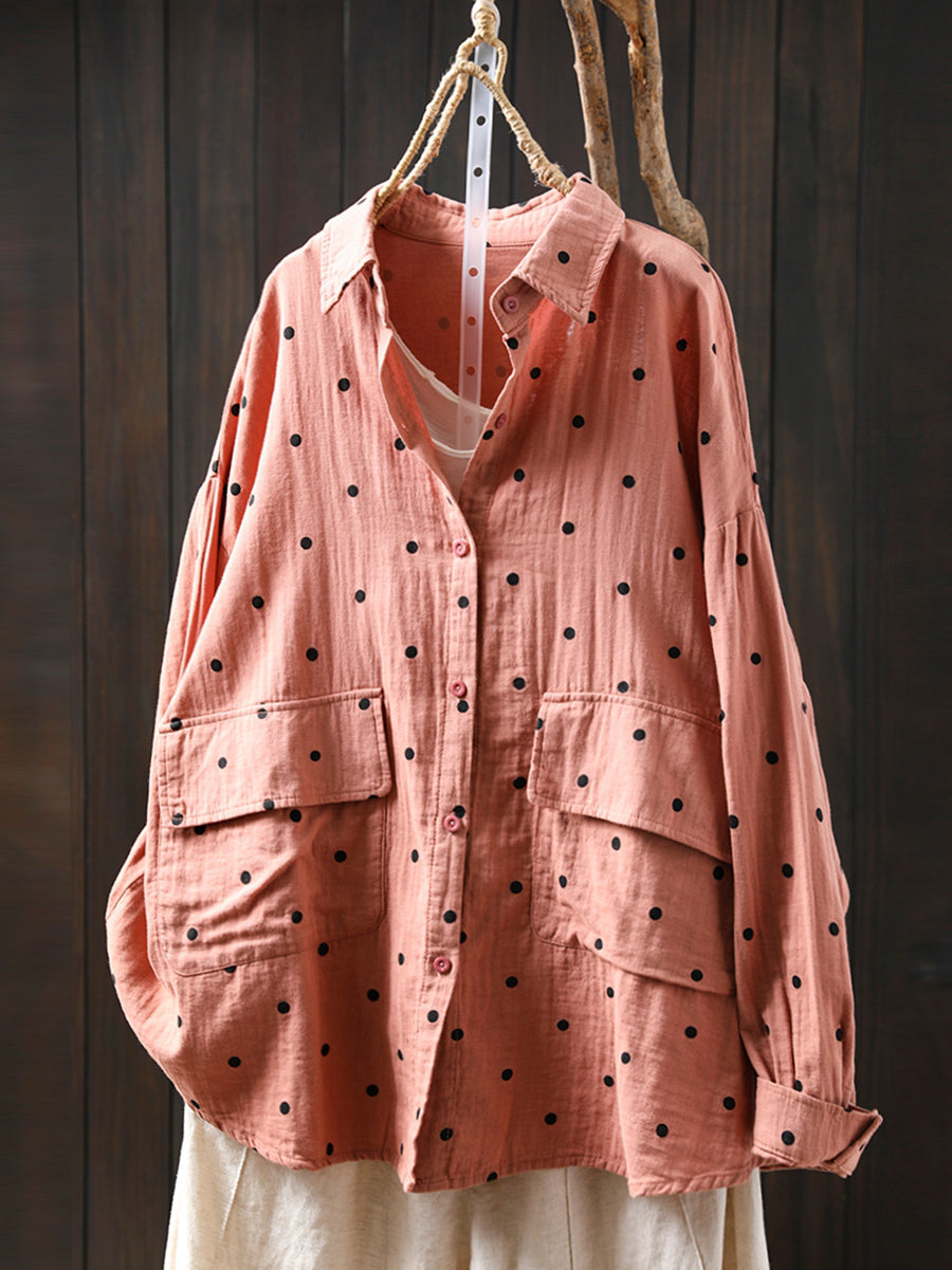 Plus Size Women Summer Dot Turn-down Collar 100%Cotton Shirt