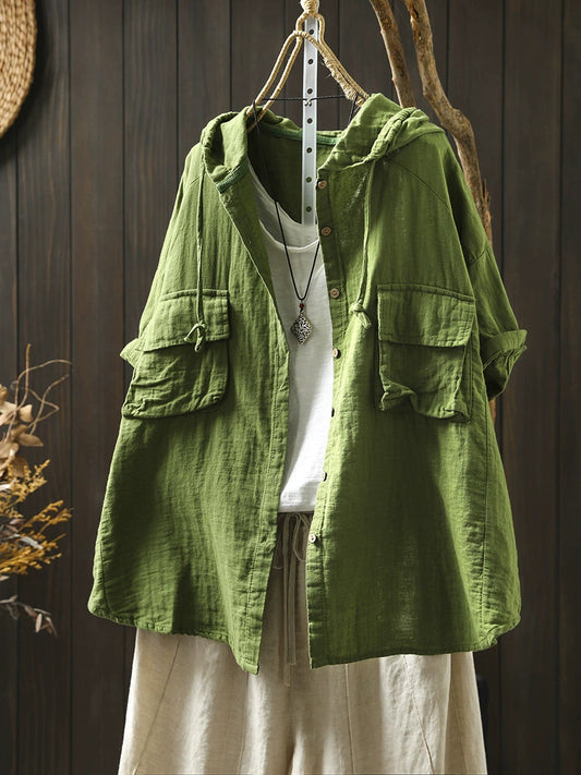 Plus Size Women Spring Pure Color 100%Cotton Hooded Shirt