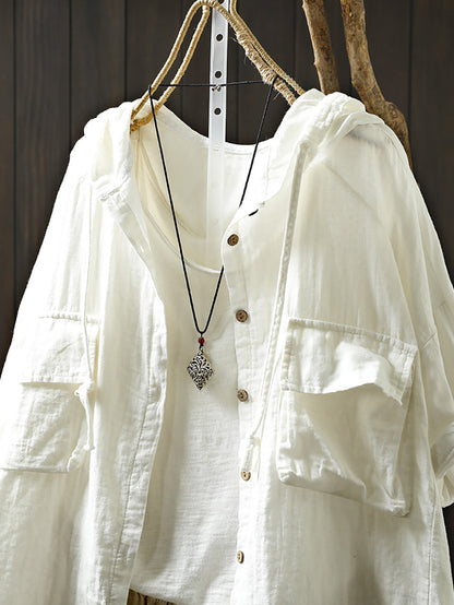 Plus Size Women Spring Pure Color 100%Cotton Hooded Shirt