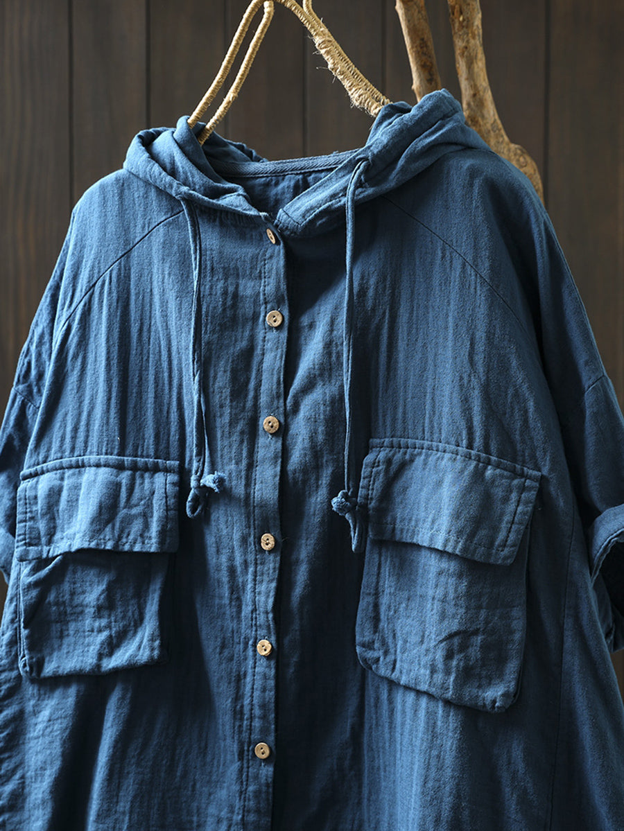 Plus Size Women Spring Pure Color 100%Cotton Hooded Shirt