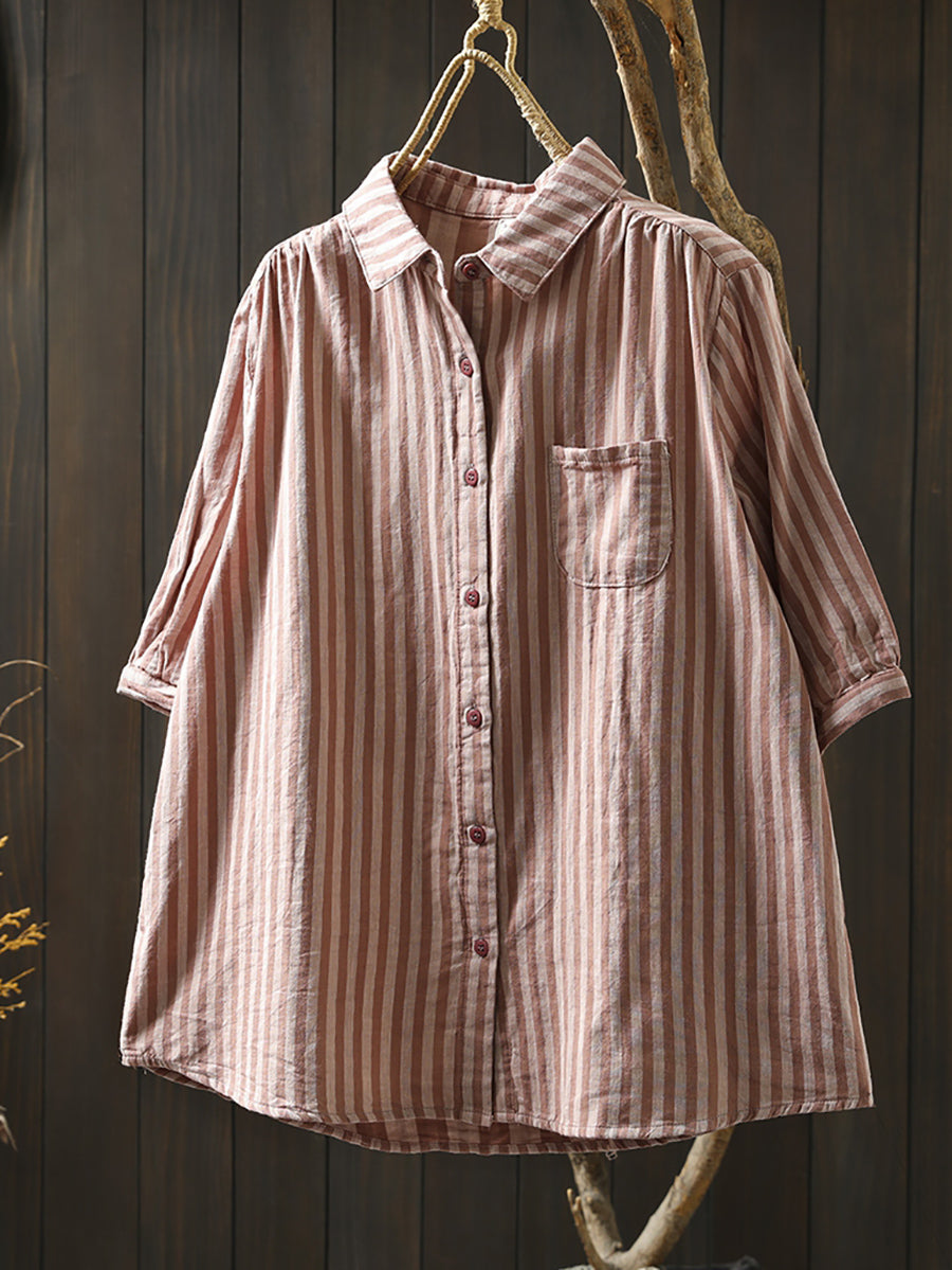 Plus Size Women Summer Stripe Turn-down Collar 100%Cotton Shirt