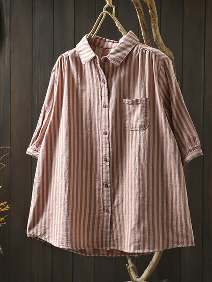Plus Size Women Summer Stripe Turn-down Collar 100%Cotton Shirt