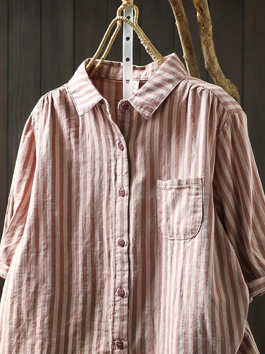 Plus Size Women Summer Stripe Turn-down Collar 100%Cotton Shirt