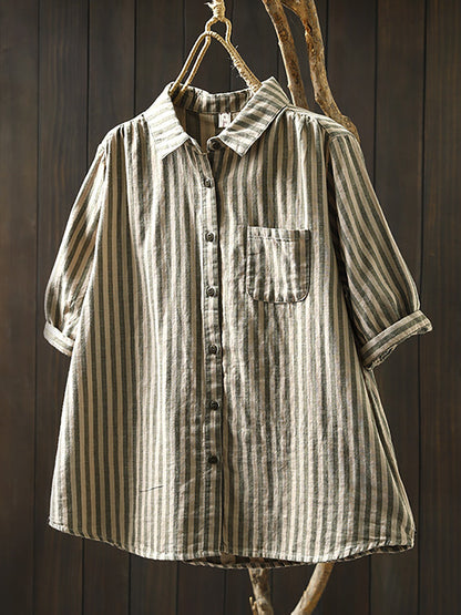 Plus Size Women Summer Stripe Turn-down Collar 100%Cotton Shirt