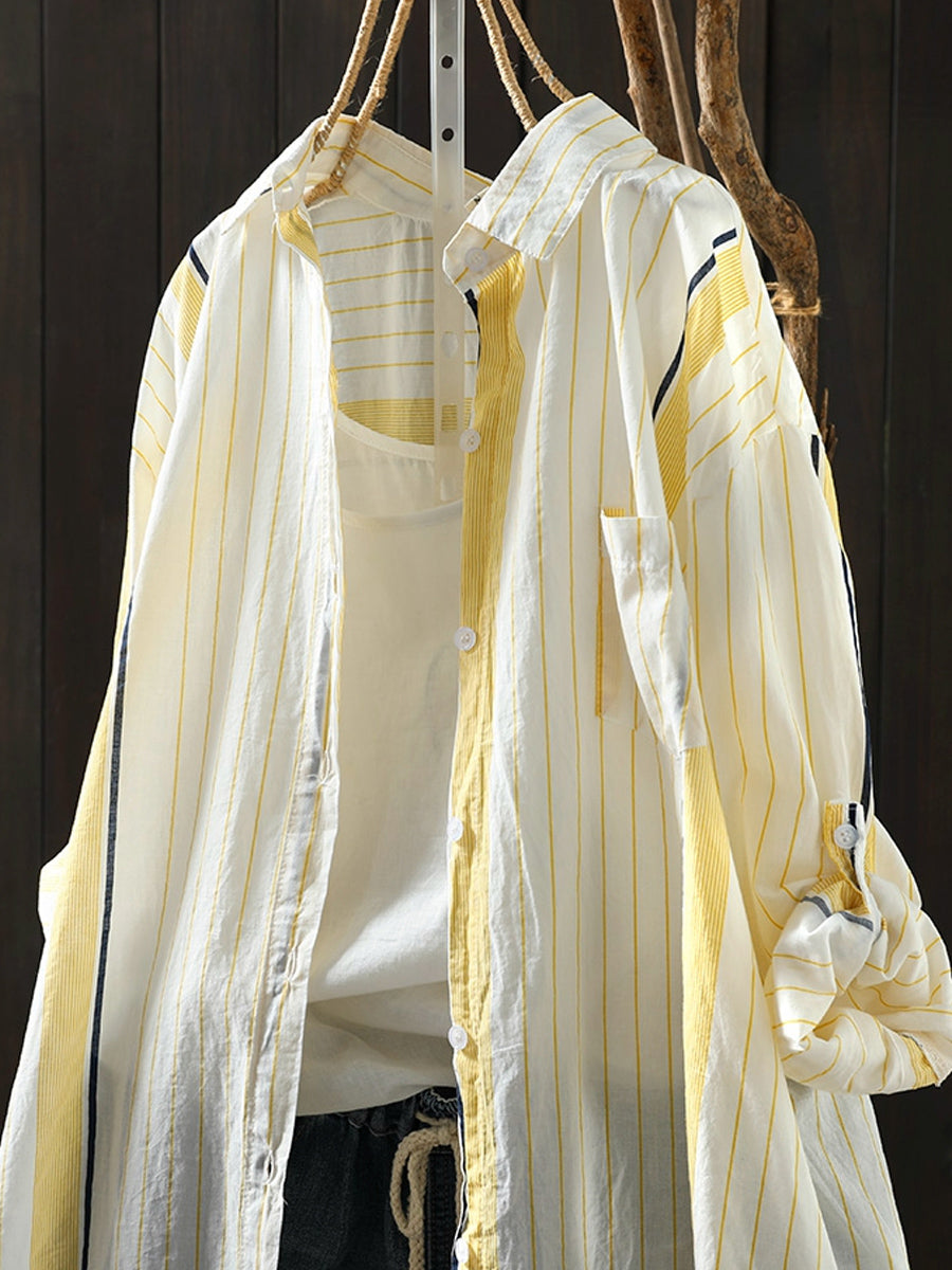 Women Summer Casual Stripe Colorblock Cotton Shirt