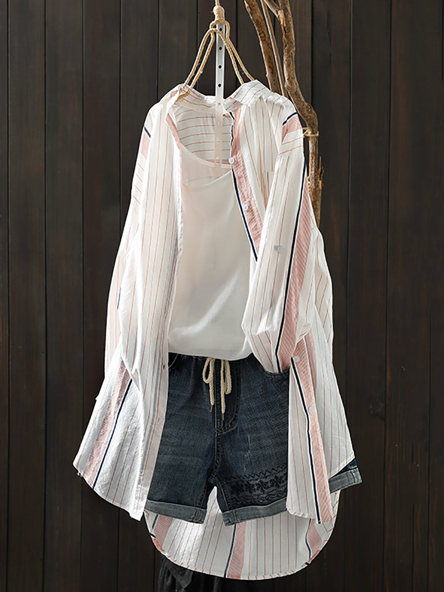 Women Summer Casual Stripe Colorblock Cotton Shirt