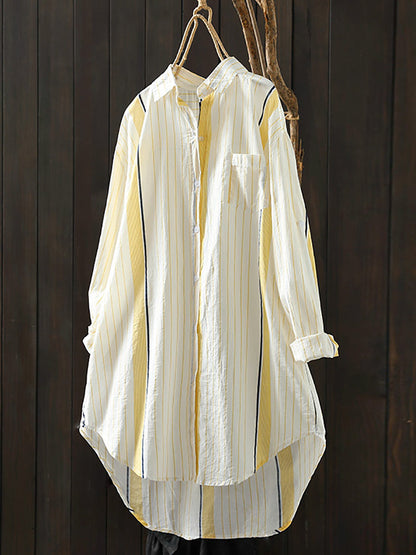 Women Summer Casual Stripe Colorblock Cotton Shirt