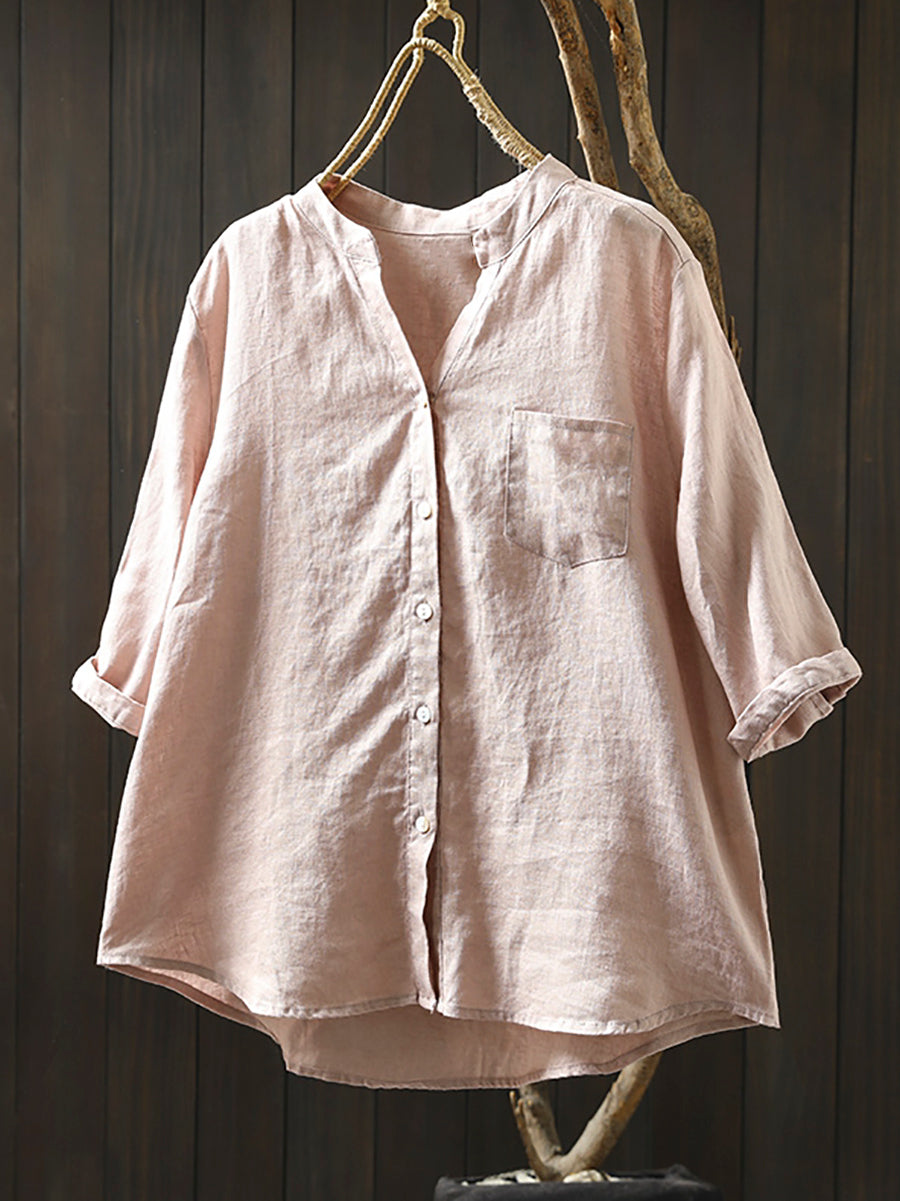 Plus Size Women Summer V-Neck Pure Color 100%Linen Shirt