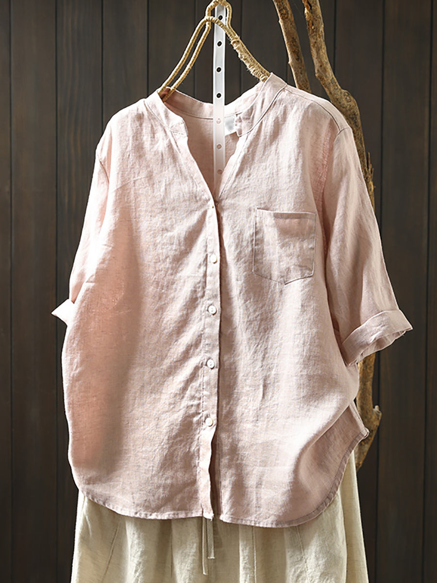 Plus Size Women Summer V-Neck Pure Color 100%Linen Shirt