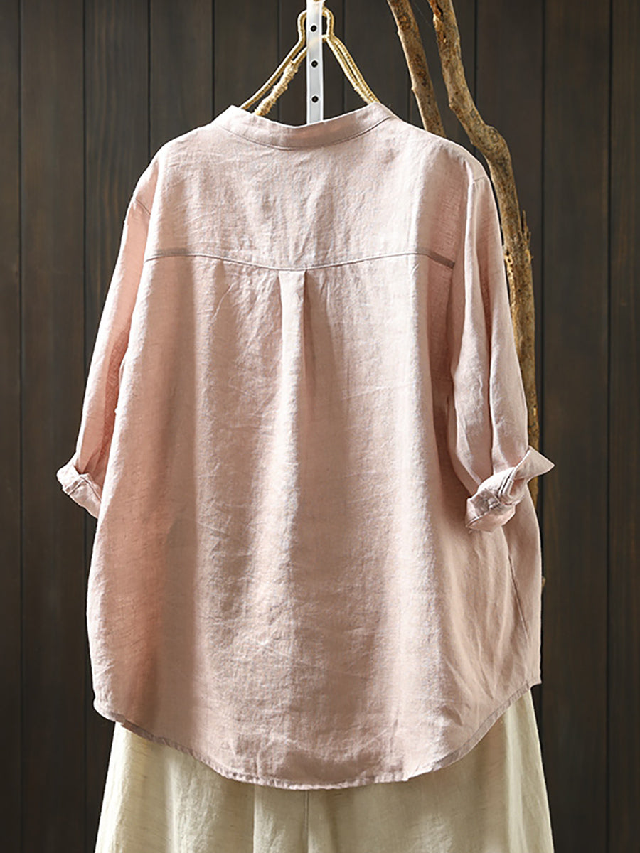 Plus Size Women Summer V-Neck Pure Color 100%Linen Shirt