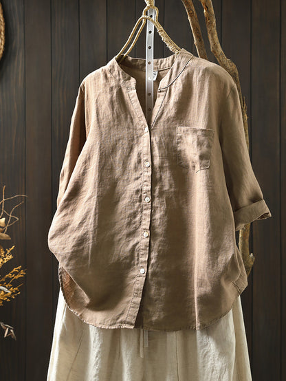 Plus Size Women Summer V-Neck Pure Color 100%Linen Shirt