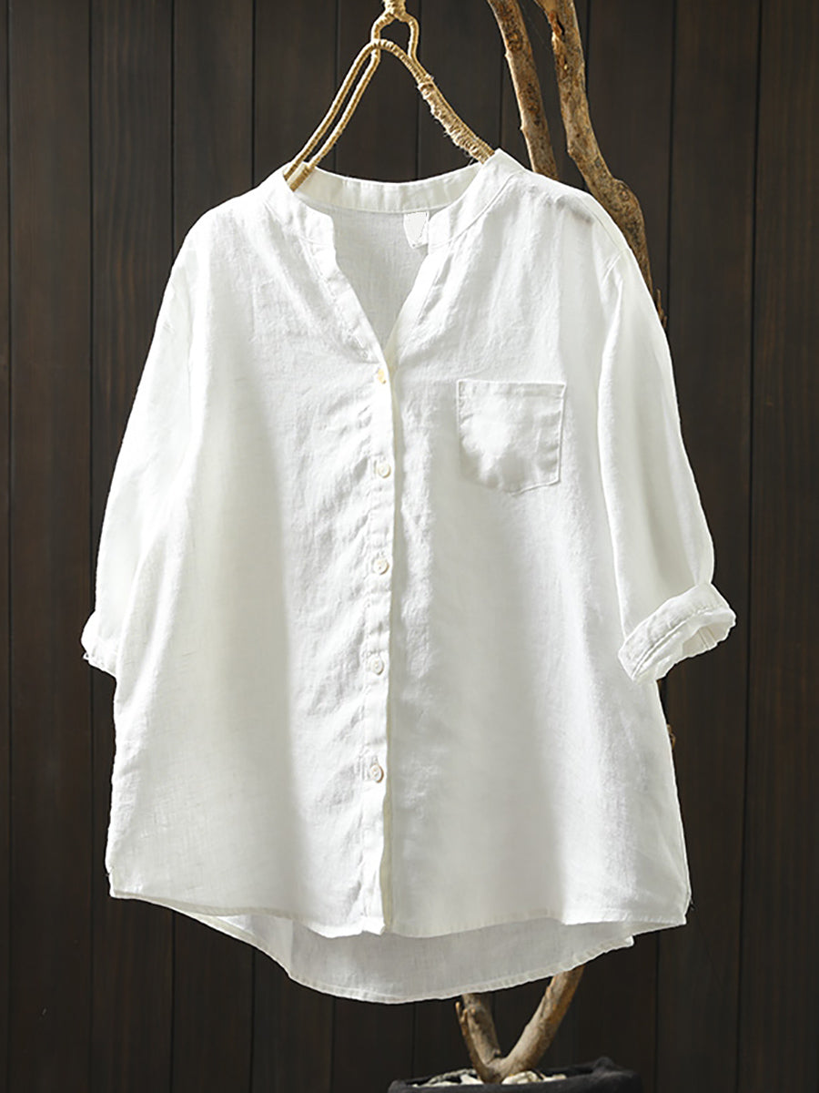 Plus Size Women Summer V-Neck Pure Color 100%Linen Shirt