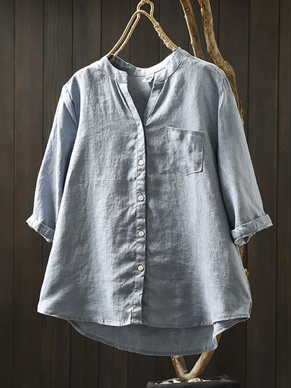 Plus Size Women Summer V-Neck Pure Color 100%Linen Shirt