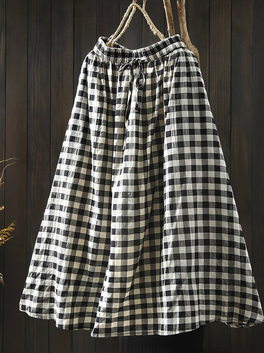 Women Spring Plaid Strap A-Shape 100%Cotton Skirt