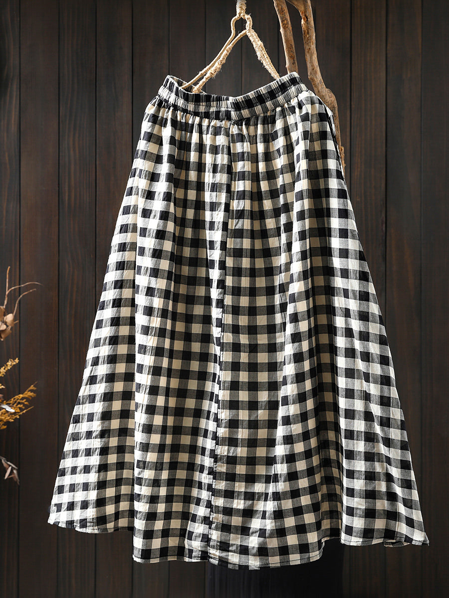 Women Spring Plaid Strap A-Shape 100%Cotton Skirt