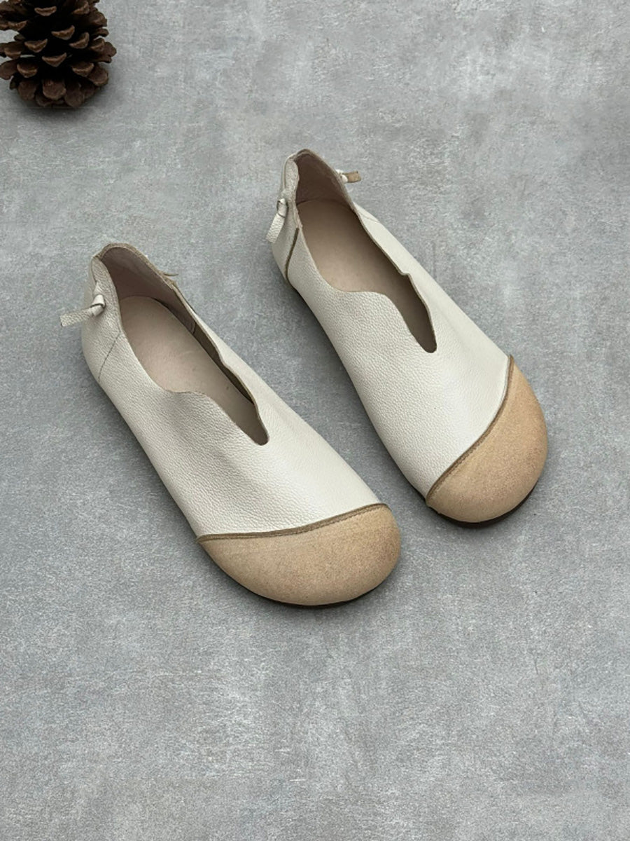 Women Summer Soft Leather Colorblock Low Heel Shoes