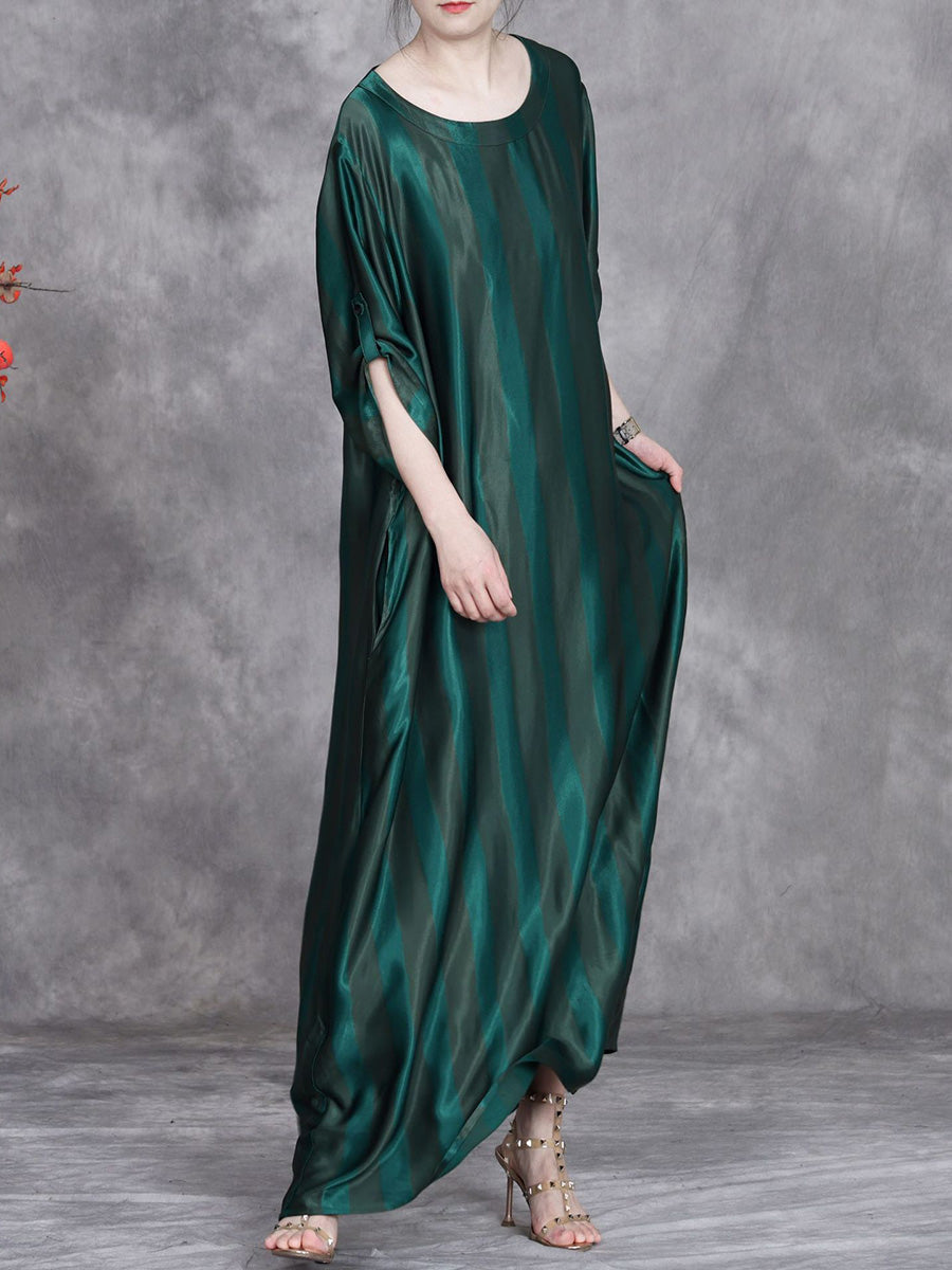 Women Summer Artsy Stripe O-Neck Silk Maxi Dress