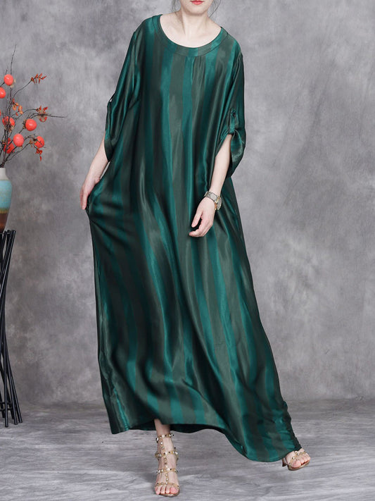 Women Summer Artsy Stripe O-Neck Silk Maxi Dress