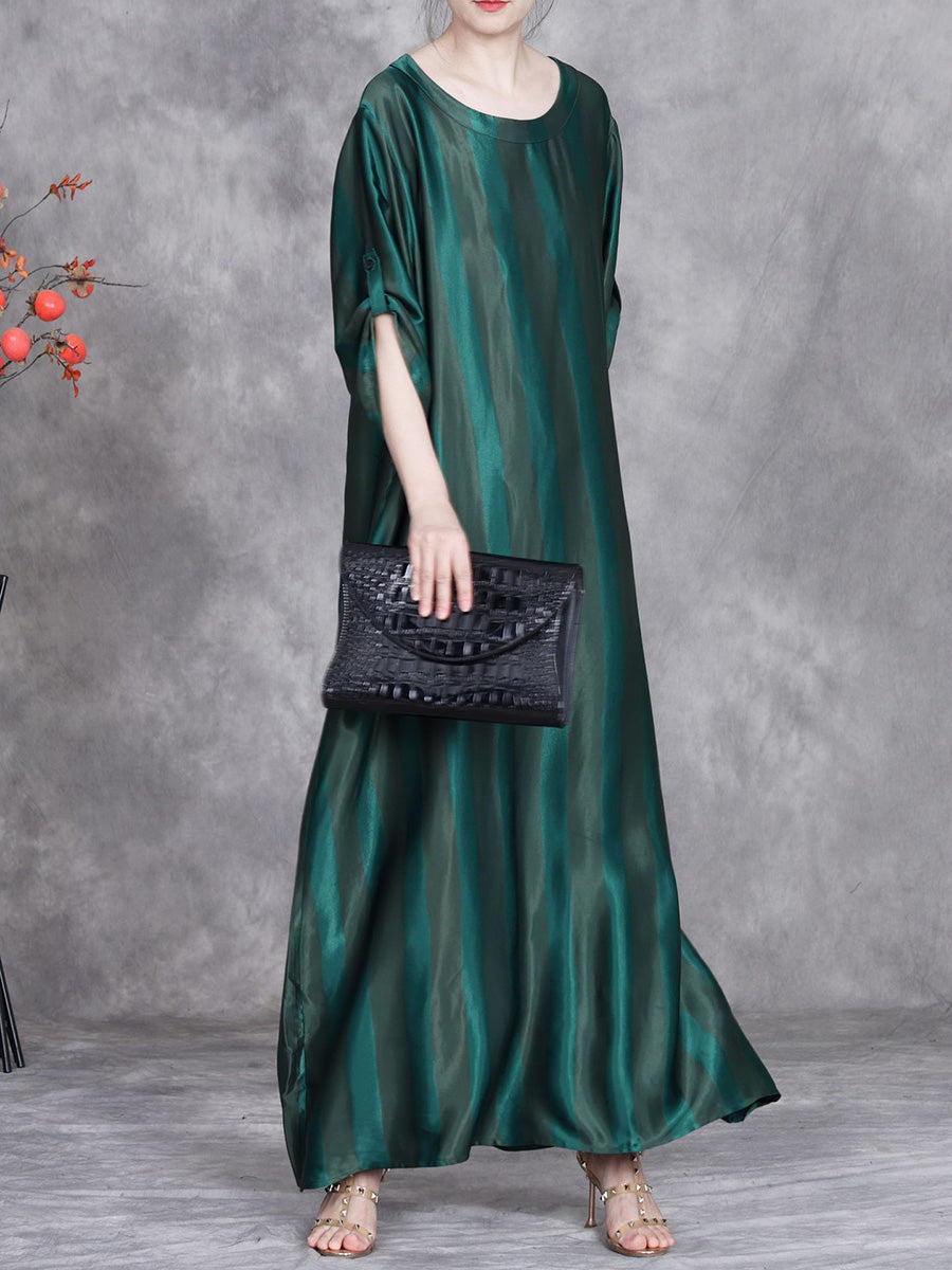 Women Summer Artsy Stripe O-Neck Silk Maxi Dress