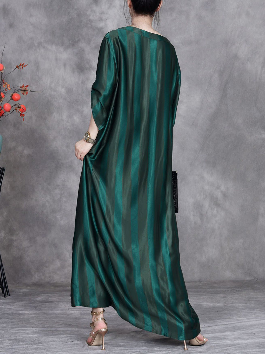 Women Summer Artsy Stripe O-Neck Silk Maxi Dress