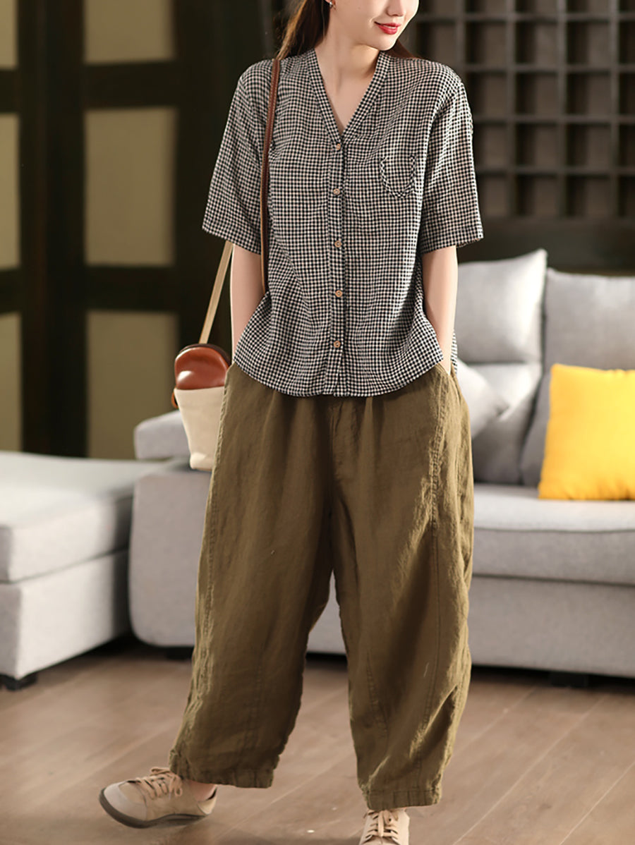 Plus Size Women Summer V-Neck Plaid 100%Linen Shirt