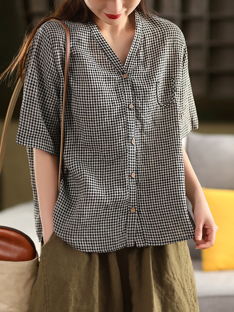 Plus Size Women Summer V-Neck Plaid 100%Linen Shirt