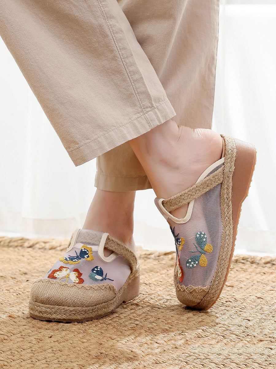 Women Summer Artsy Butterfly Embroidery Mid Heel Slippers