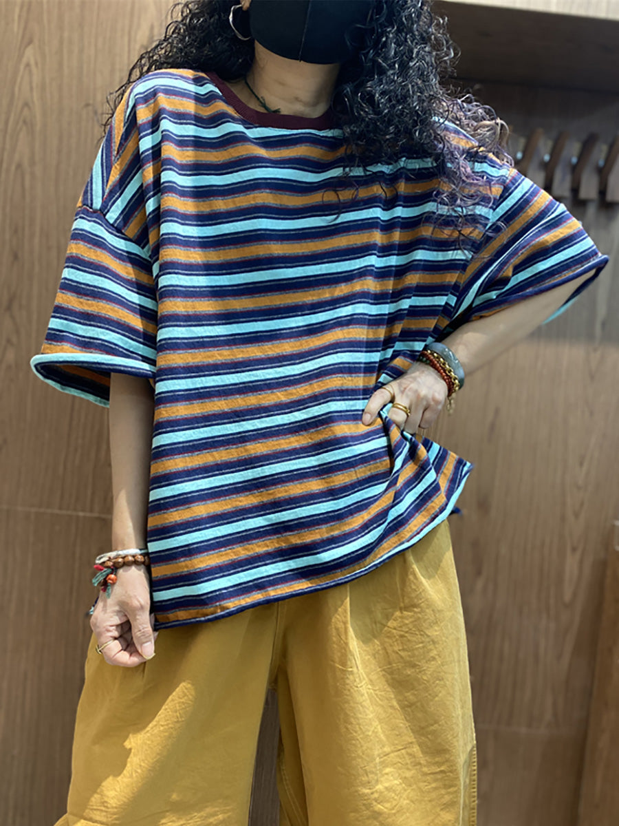 Plus Size Women Summer Casual Stripe O-Neck Cotton Shirt