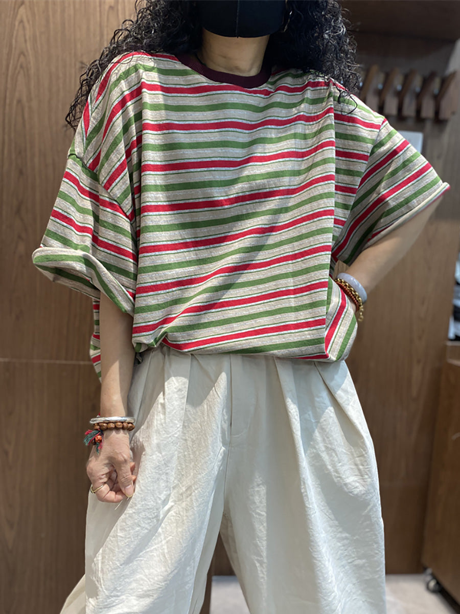 Plus Size Women Summer Casual Stripe O-Neck Cotton Shirt