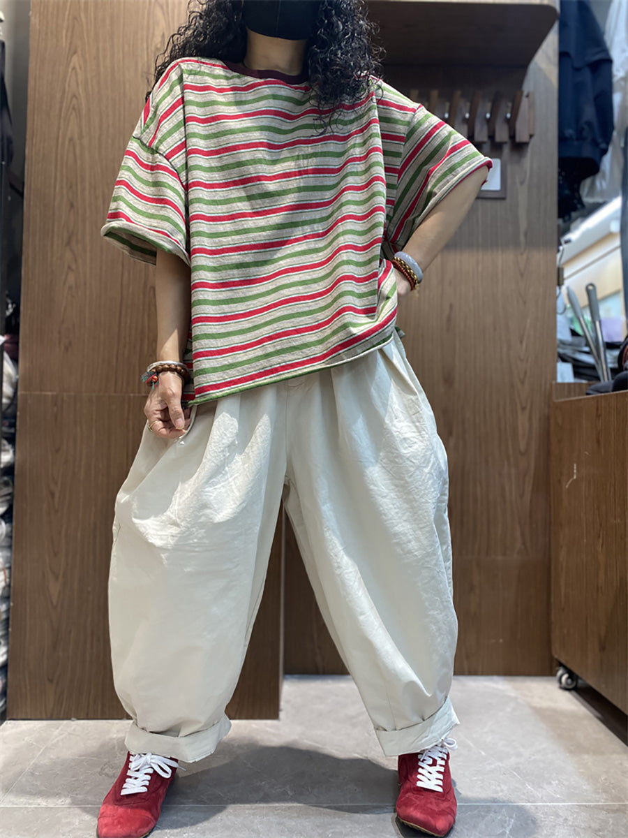 Plus Size Women Summer Casual Stripe O-Neck Cotton Shirt