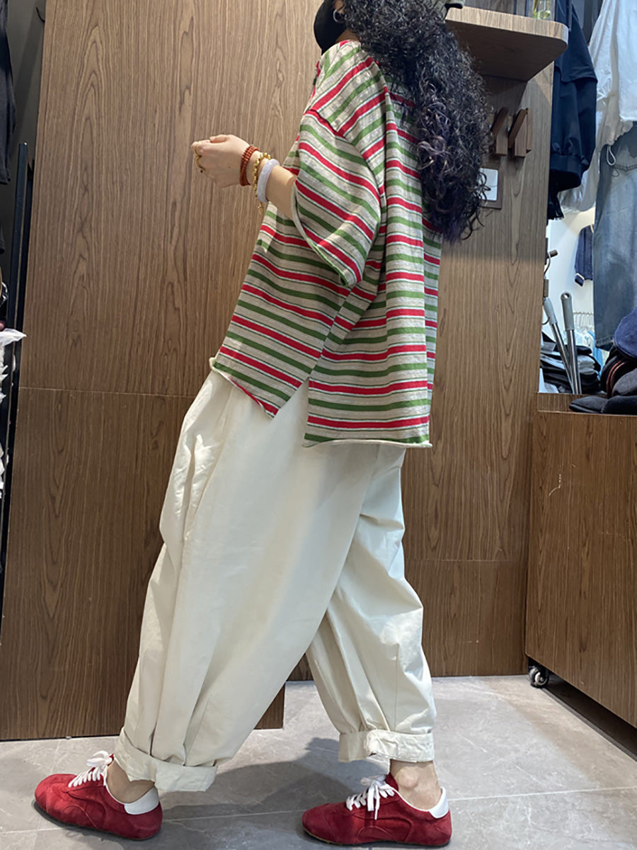 Plus Size Women Summer Casual Stripe O-Neck Cotton Shirt