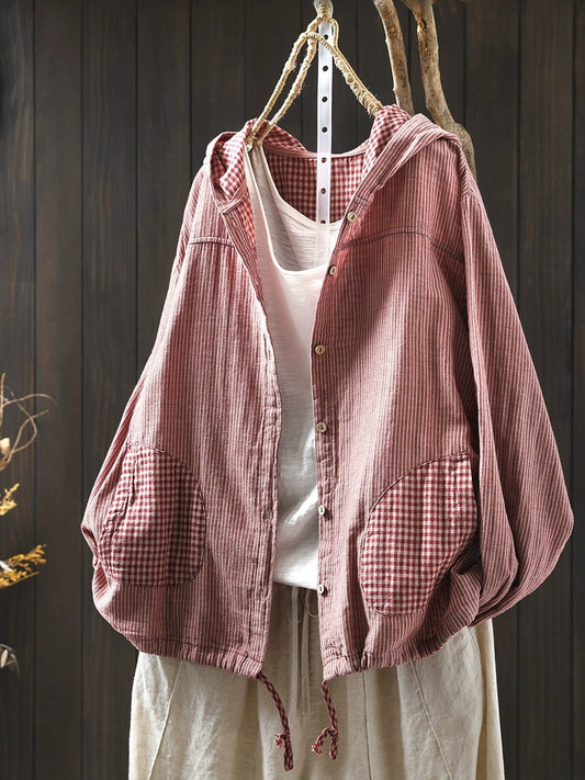 Plus Size Women Summer Vintage Stripe Hooded Cotton Linen Shirt