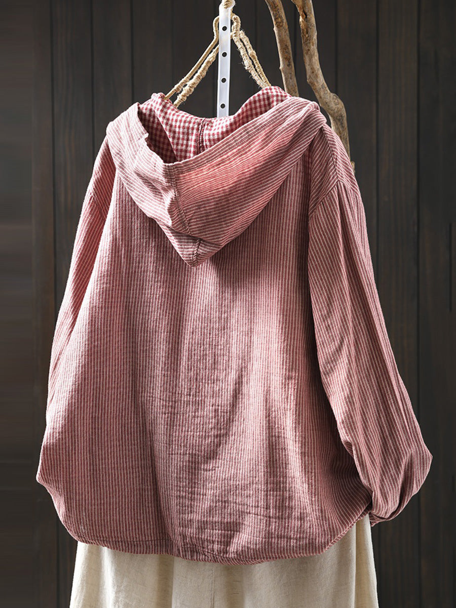 Plus Size Women Summer Vintage Stripe Hooded Cotton Linen Shirt