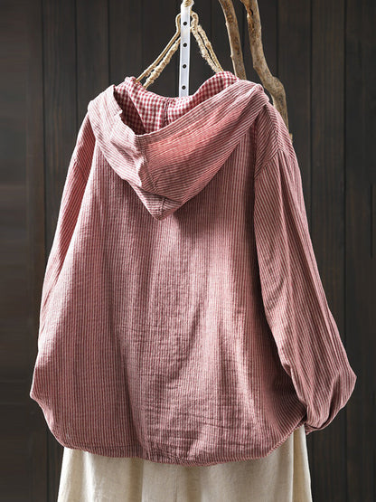 Plus Size Women Summer Vintage Stripe Hooded Cotton Linen Shirt